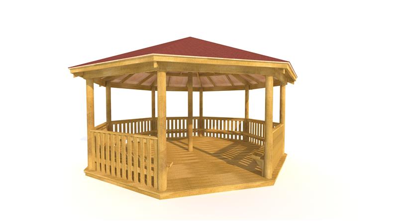 Technical render of a 6M Octagonal Gazebo with Decked Base